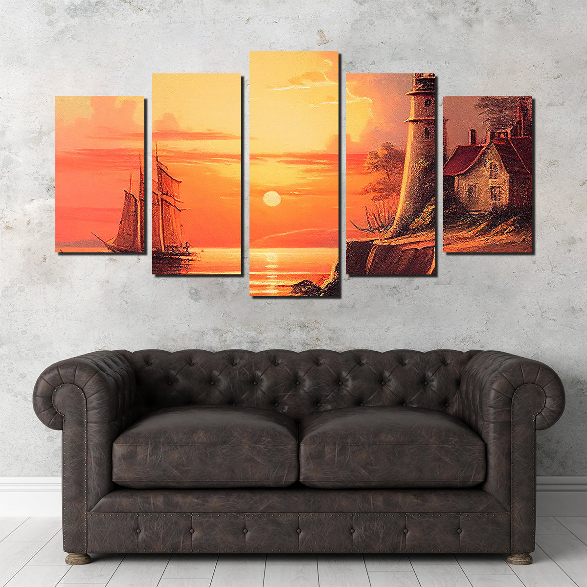 Sailing Past a Lighthouse and Sunset Wall Art