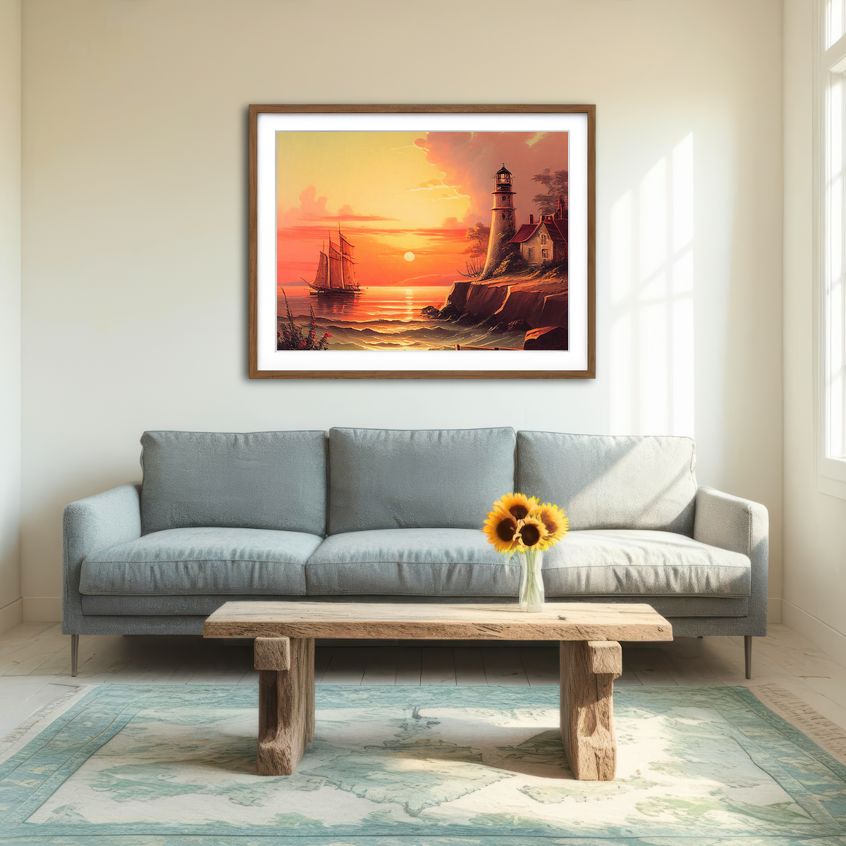 AUTO-MOCKUP ROOM | Sailing Past a Lighthouse and Sunset Wall Art