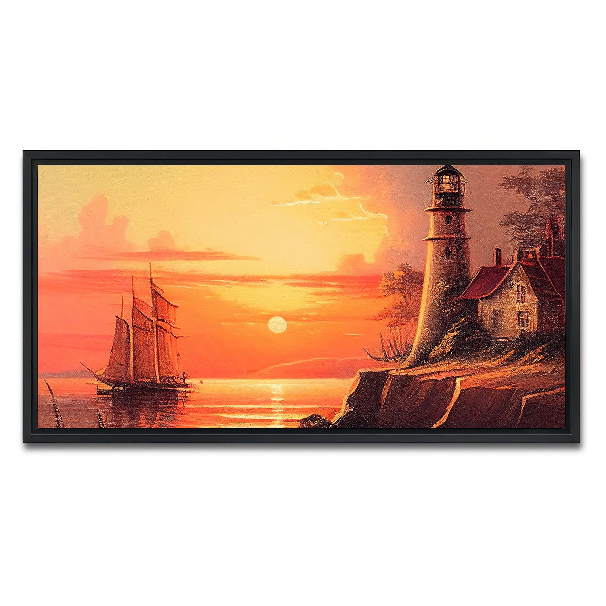 AUTO-MOCKUP WHITE | Sailing Past a Lighthouse and Sunset | 1 Piece | Black Framed Canvas | group=2x1