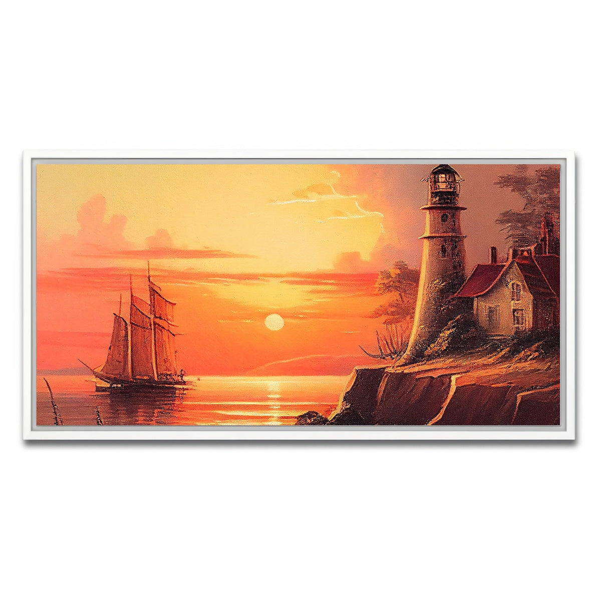 AUTO-MOCKUP WHITE | Sailing Past a Lighthouse and Sunset | 1 Piece | White Framed Canvas | group=2x1