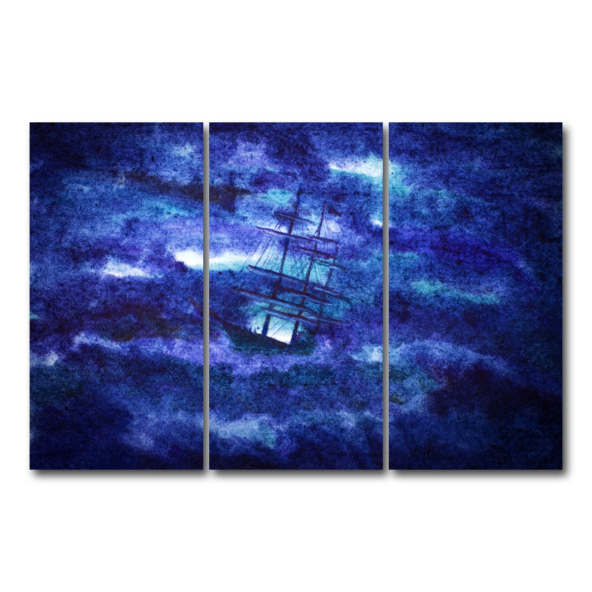 AUTO-MOCKUP WHITE | Sailing Ship in the Night Storm | 3 Piece | Gallery Wrap Canvas | group=12x24