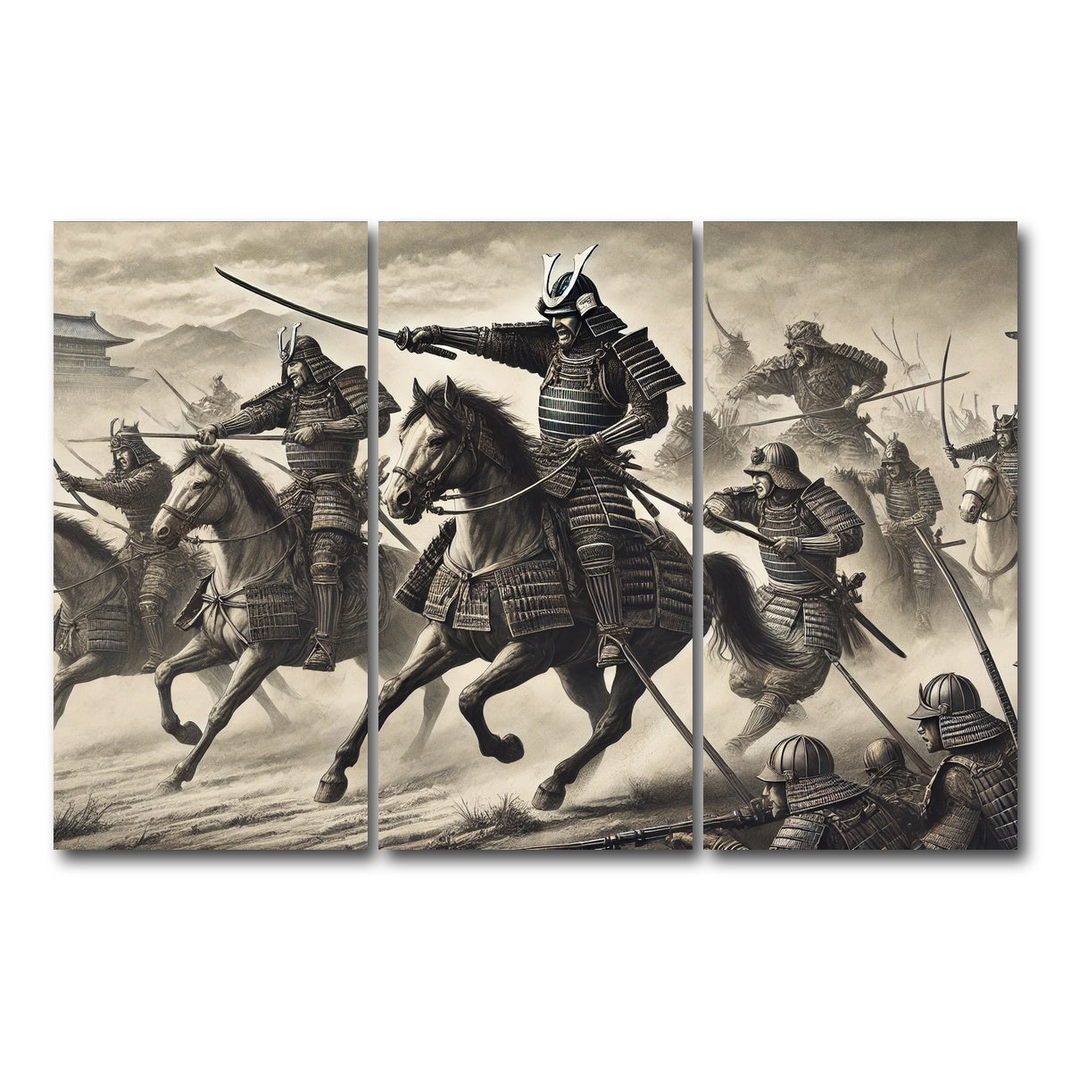 AUTO-MOCKUP WHITE | Samurai Battlefield Horses | 3 Piece | Gallery Wrap Canvas | group=12x24