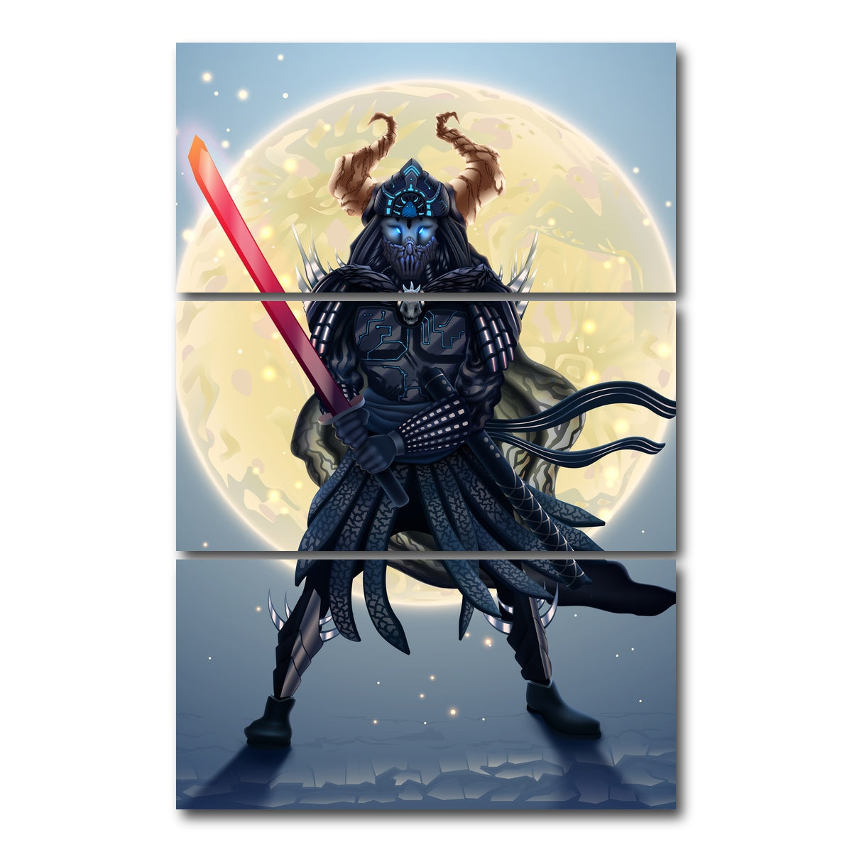AUTO-MOCKUP WHITE | Samurai Over Moon | 3 Piece | Gallery Wrap Canvas | group=12x24_stacked