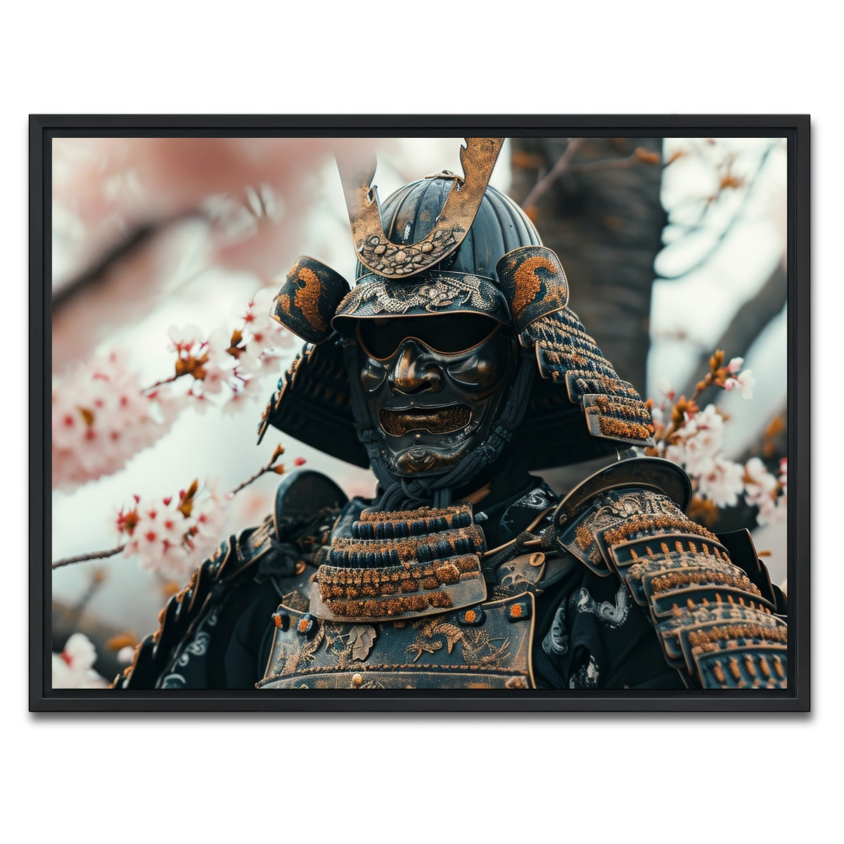 AUTO-MOCKUP WHITE | Samurai armor with cherry blossoms | 1 Piece | Black Framed Canvas | group=4x3