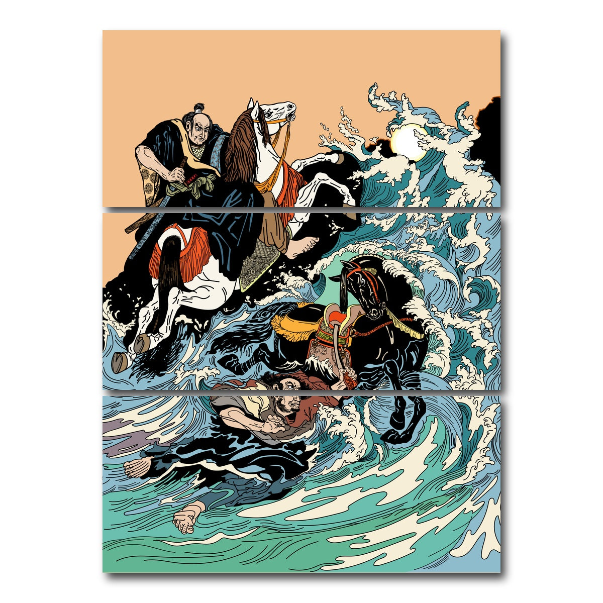 AUTO-MOCKUP WHITE | Samurai horsemen crossing a stormy sea | 3 Piece | Gallery Wrap Canvas | group=8x18_stacked