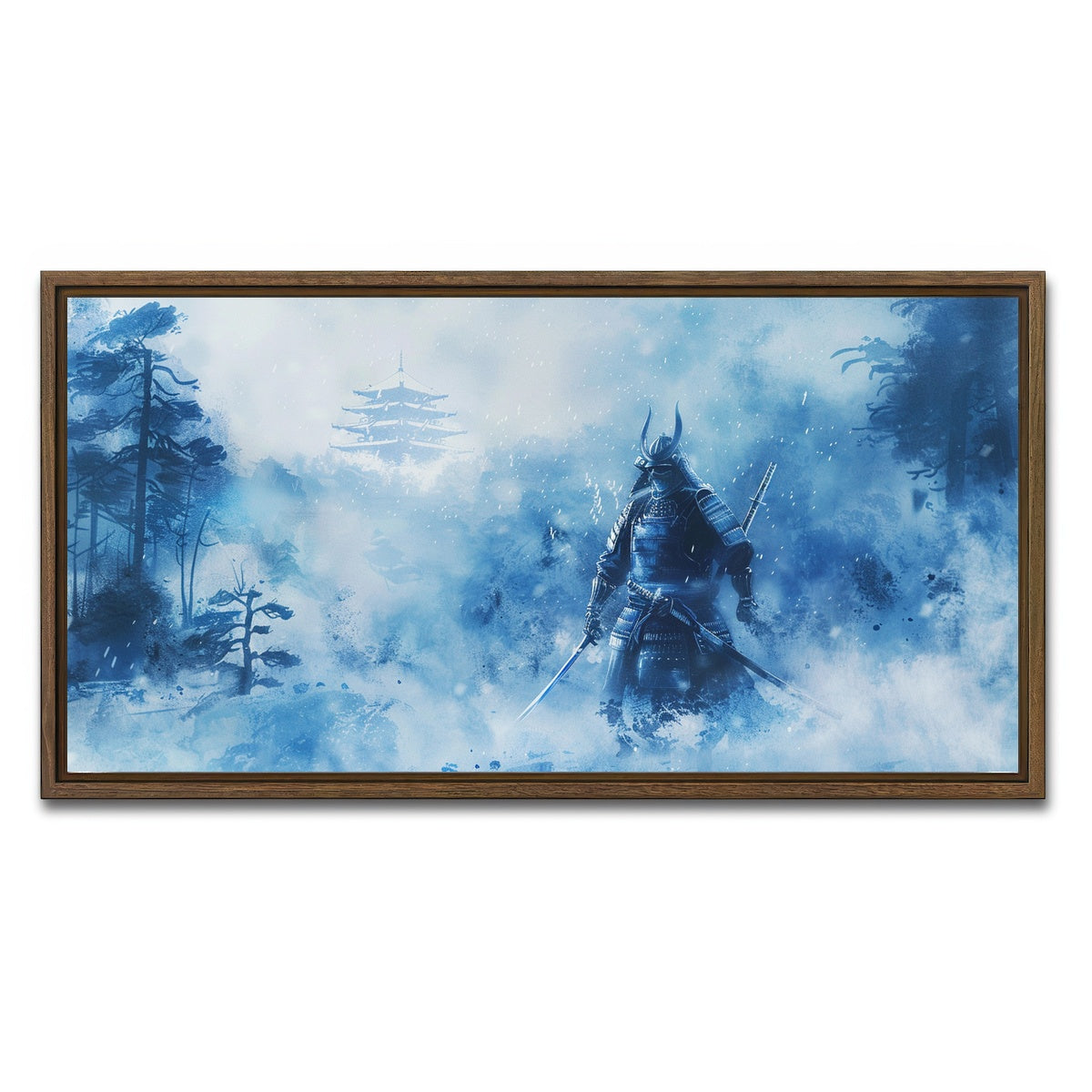 AUTO-MOCKUP WHITE | Samurai misty winter forest | 1 Piece | Walnut Framed Canvas | group=2x1
