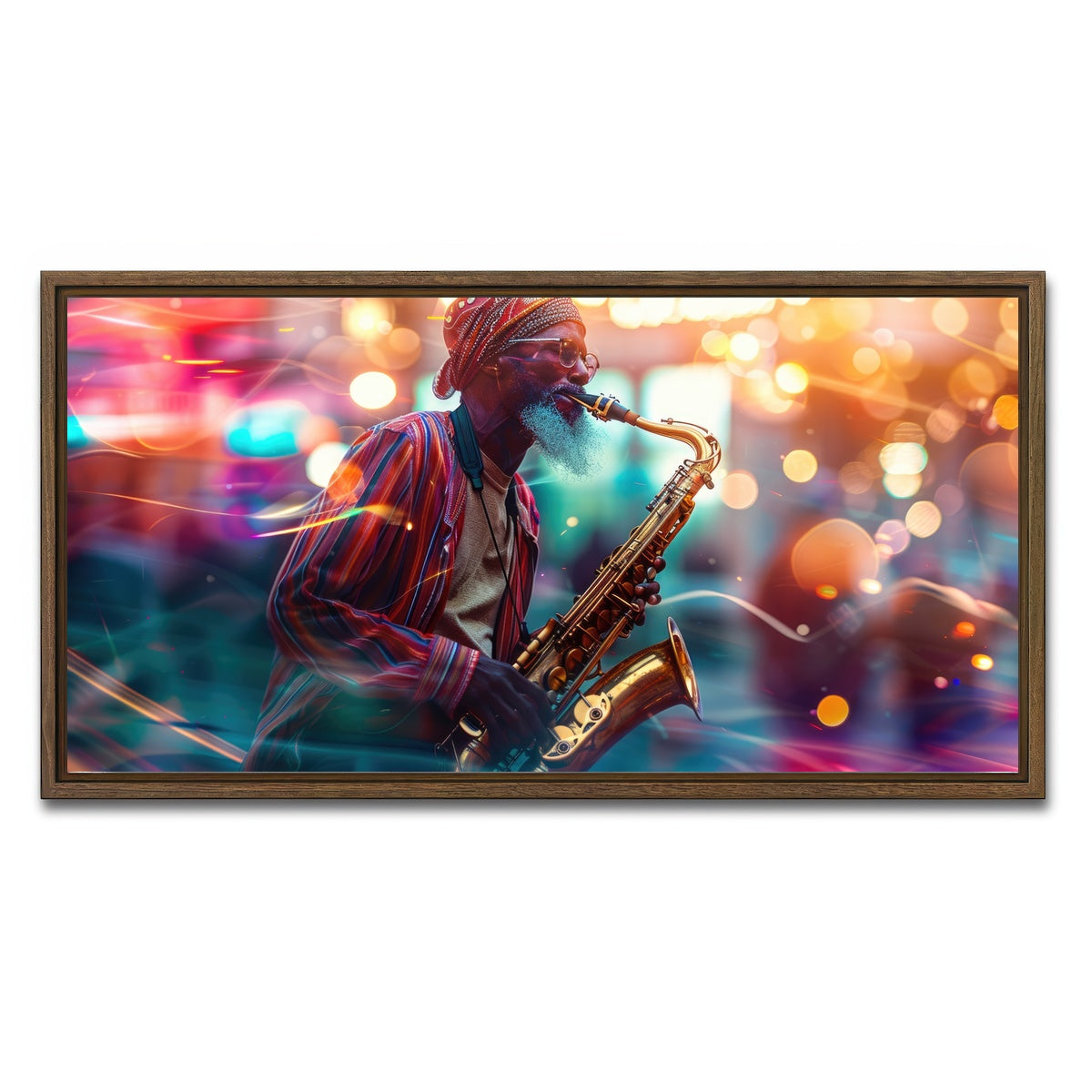 AUTO-MOCKUP WHITE | Saxophonist in the city lights | 1 Piece | Walnut Framed Canvas | group=2x1