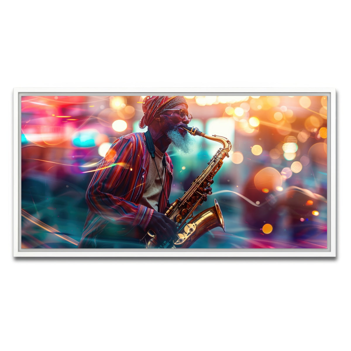 AUTO-MOCKUP WHITE | Saxophonist in the city lights | 1 Piece | White Framed Canvas | group=2x1