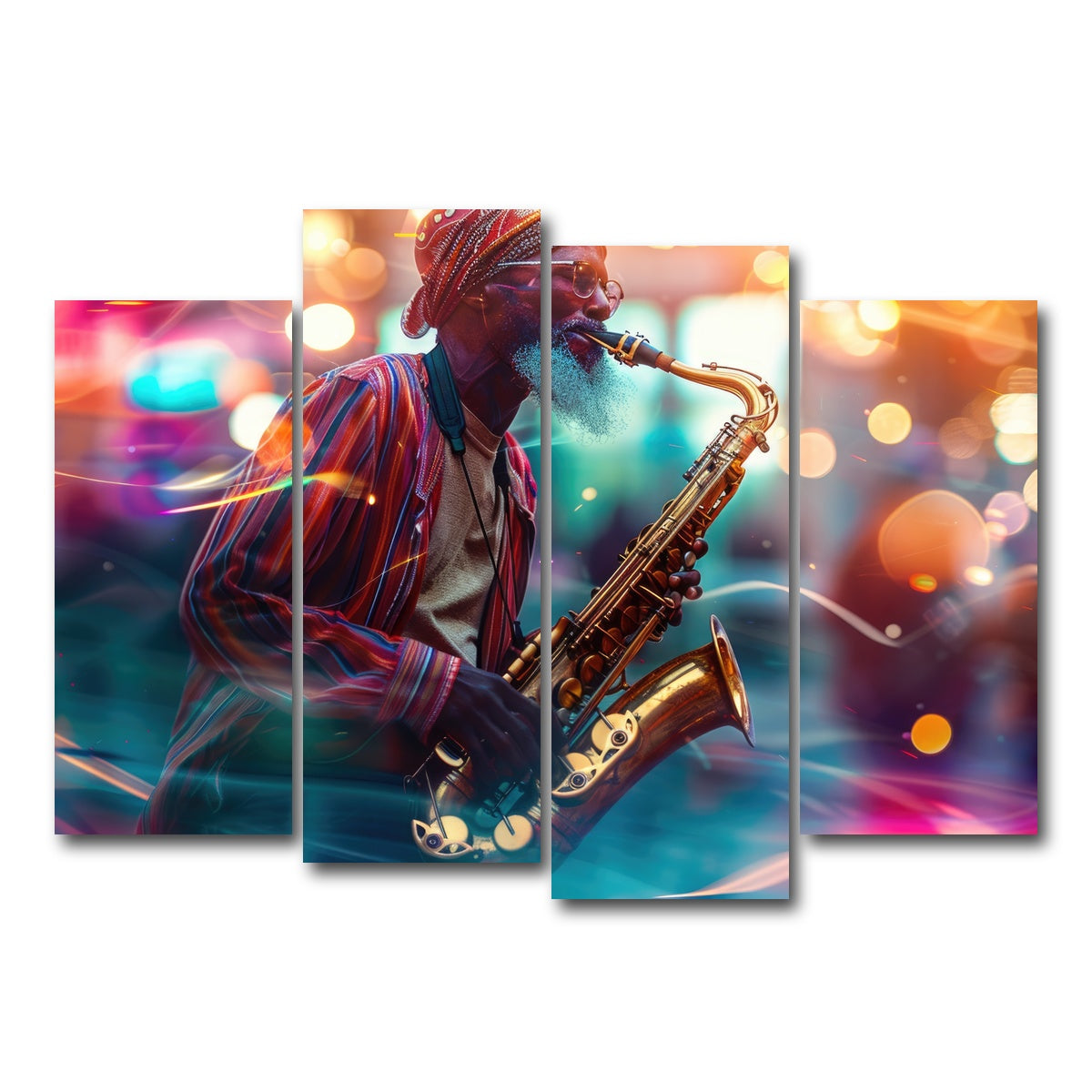 AUTO-MOCKUP WHITE | Saxophonist in the city lights | 4 Piece | Gallery Wrap Canvas | group=4_normal