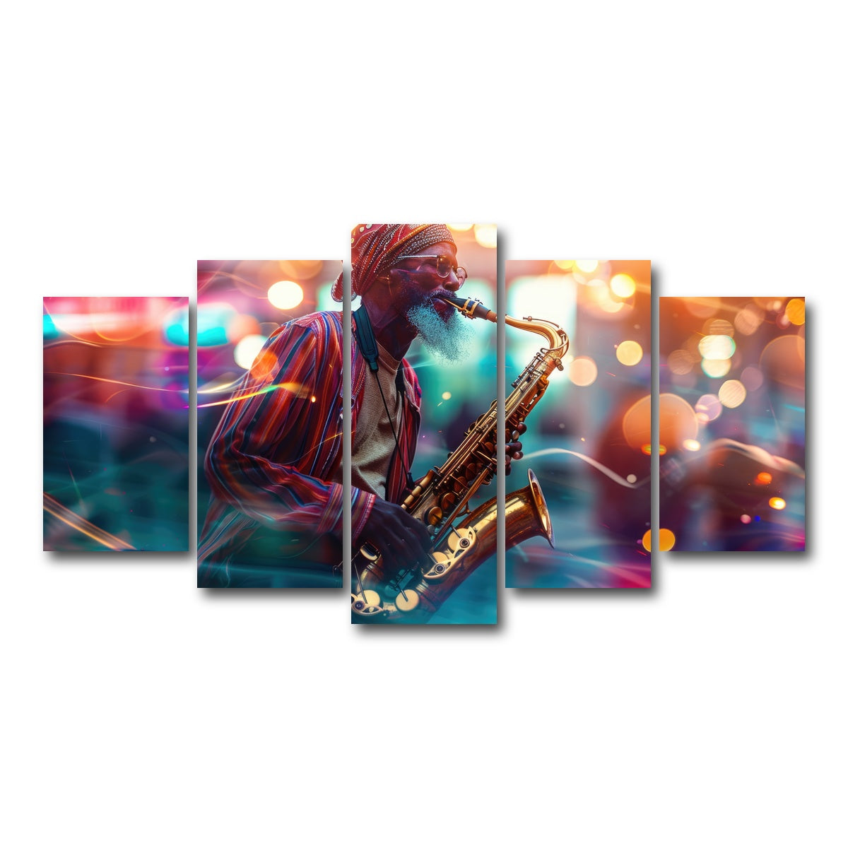 AUTO-MOCKUP WHITE | Saxophonist in the city lights | 5 Piece | Gallery Wrap Canvas | group=5_normal