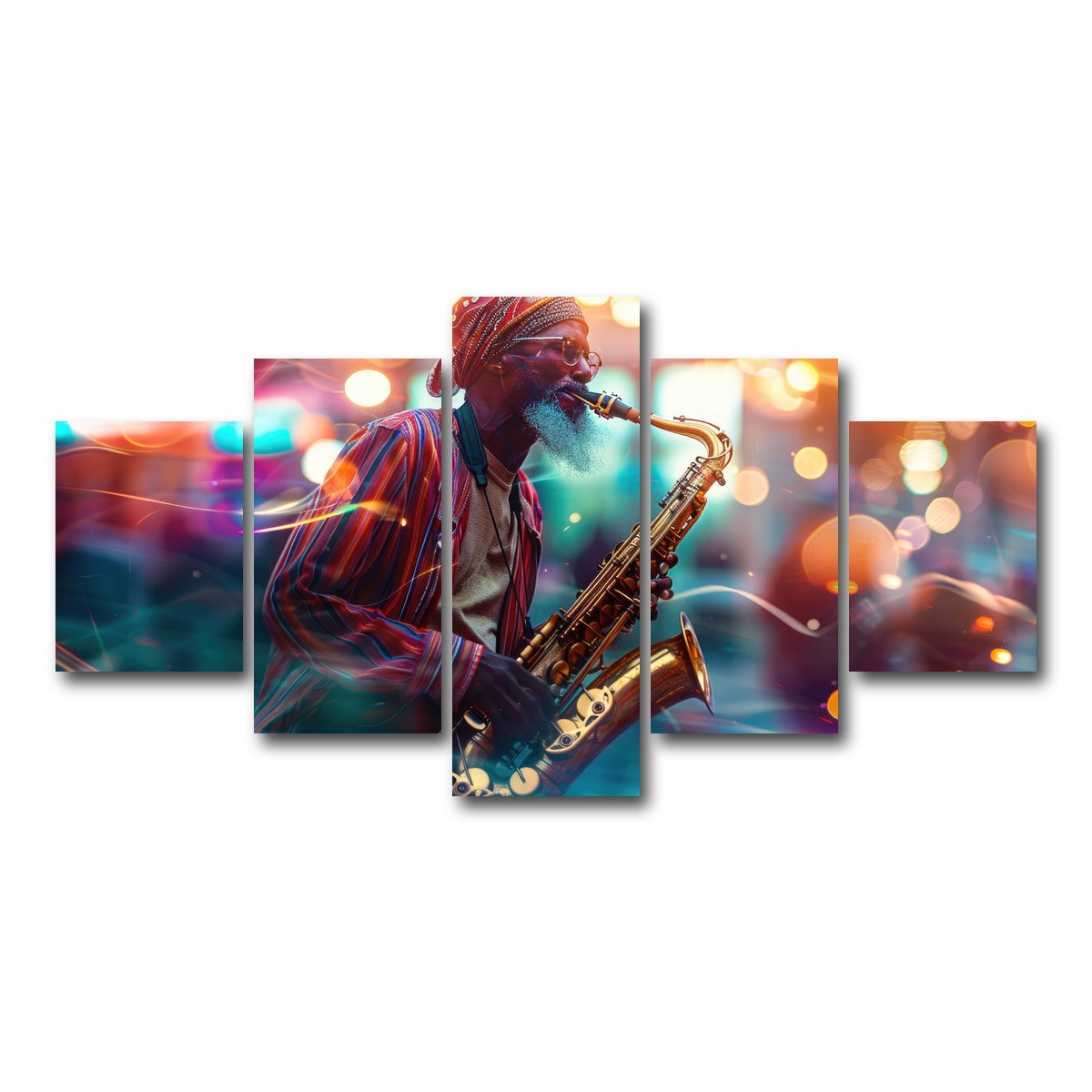 AUTO-MOCKUP WHITE | Saxophonist in the city lights | 5 Piece | Gallery Wrap Canvas | group=5_short