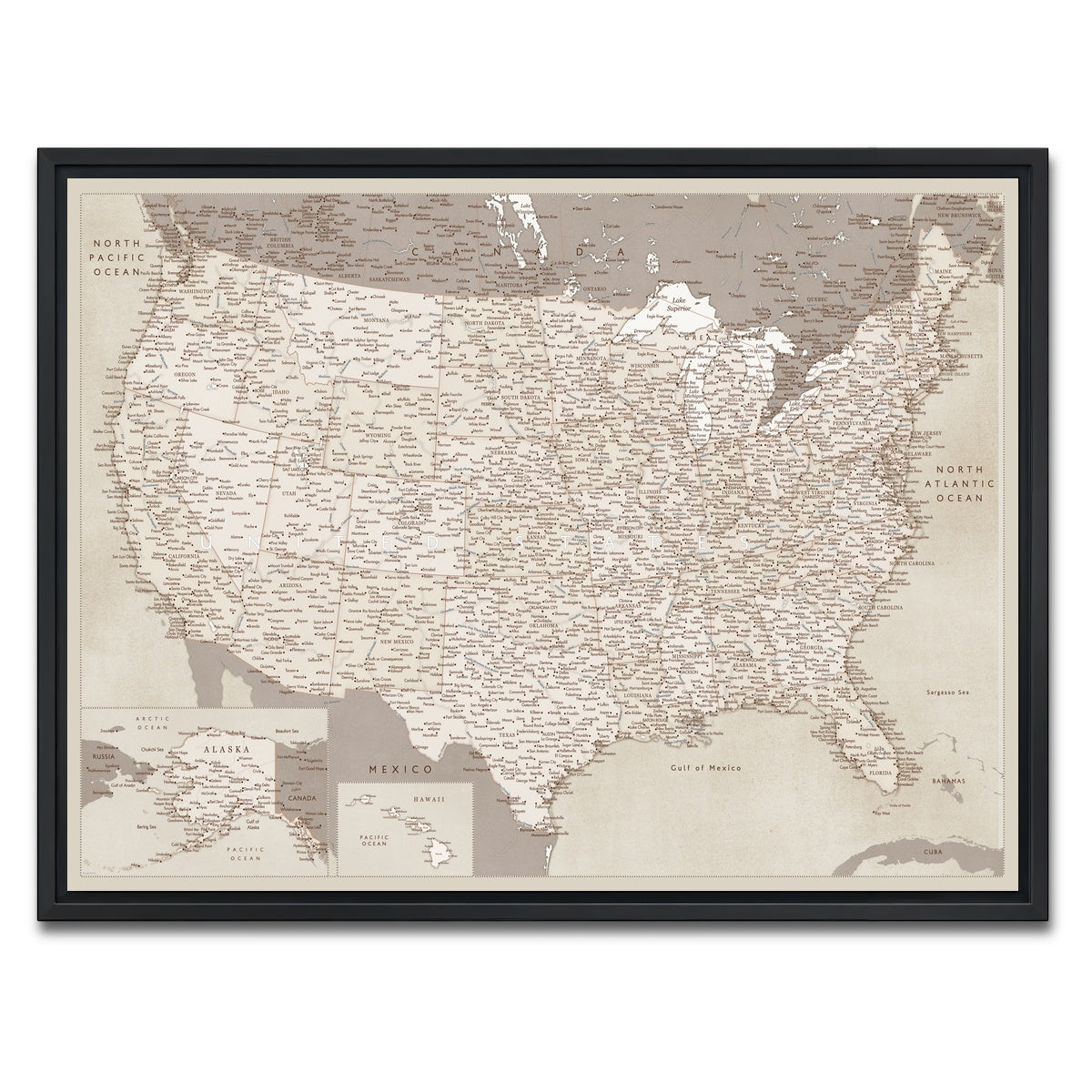 AUTO-MOCKUP WHITE | Sepia US Map | 1 Piece | Black Framed Canvas | group=4x3