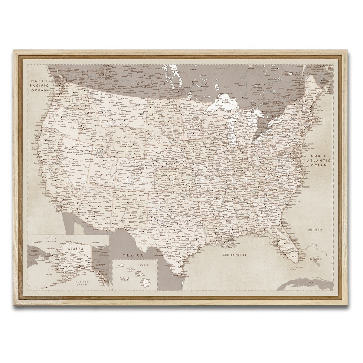 AUTO-MOCKUP WHITE | Sepia US Map | 1 Piece | Natural Framed Canvas | group=4x3