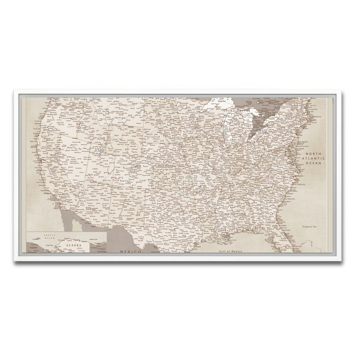 AUTO-MOCKUP WHITE | Sepia US Map | 1 Piece | White Framed Canvas | group=2x1