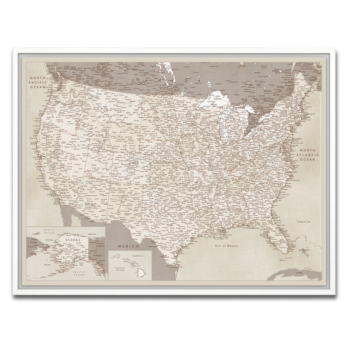 AUTO-MOCKUP WHITE | Sepia US Map | 1 Piece | White Framed Canvas | group=4x3