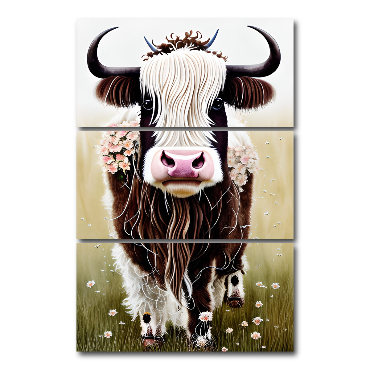 AUTO-MOCKUP WHITE | Shabby Chic Highland Cow | 3 Piece | Gallery Wrap Canvas | group=12x24_stacked