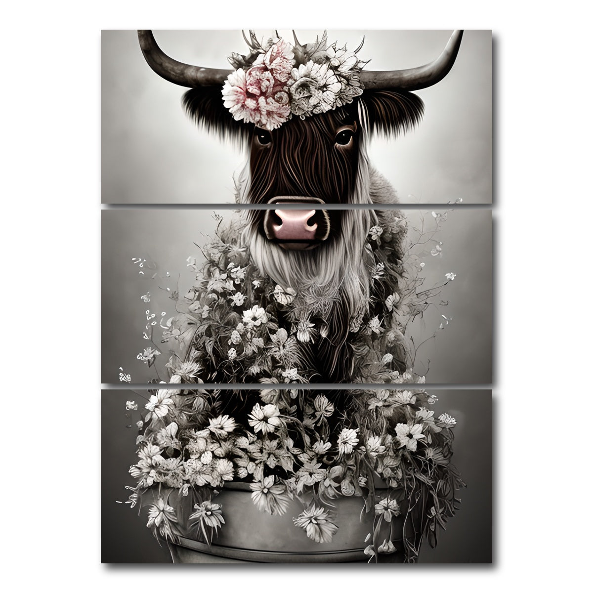 AUTO-MOCKUP WHITE | Shabby Highland Cow | 3 Piece | Gallery Wrap Canvas | group=8x18_stacked