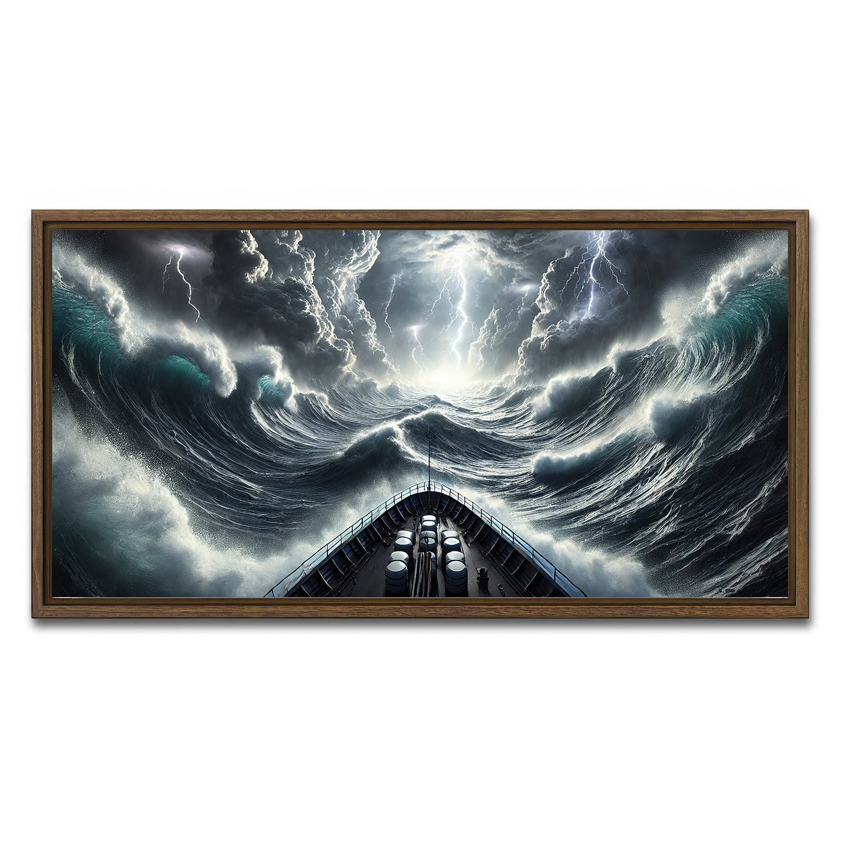 AUTO-MOCKUP WHITE | Ship Deck View of Fierce Storm | 1 Piece | Walnut Framed Canvas | group=2x1