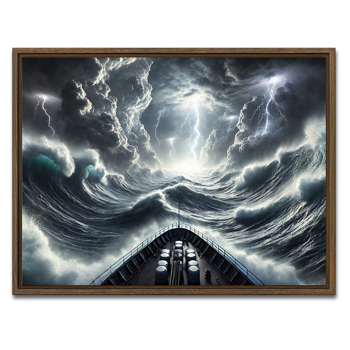 AUTO-MOCKUP WHITE | Ship Deck View of Fierce Storm | 1 Piece | Walnut Framed Canvas | group=4x3