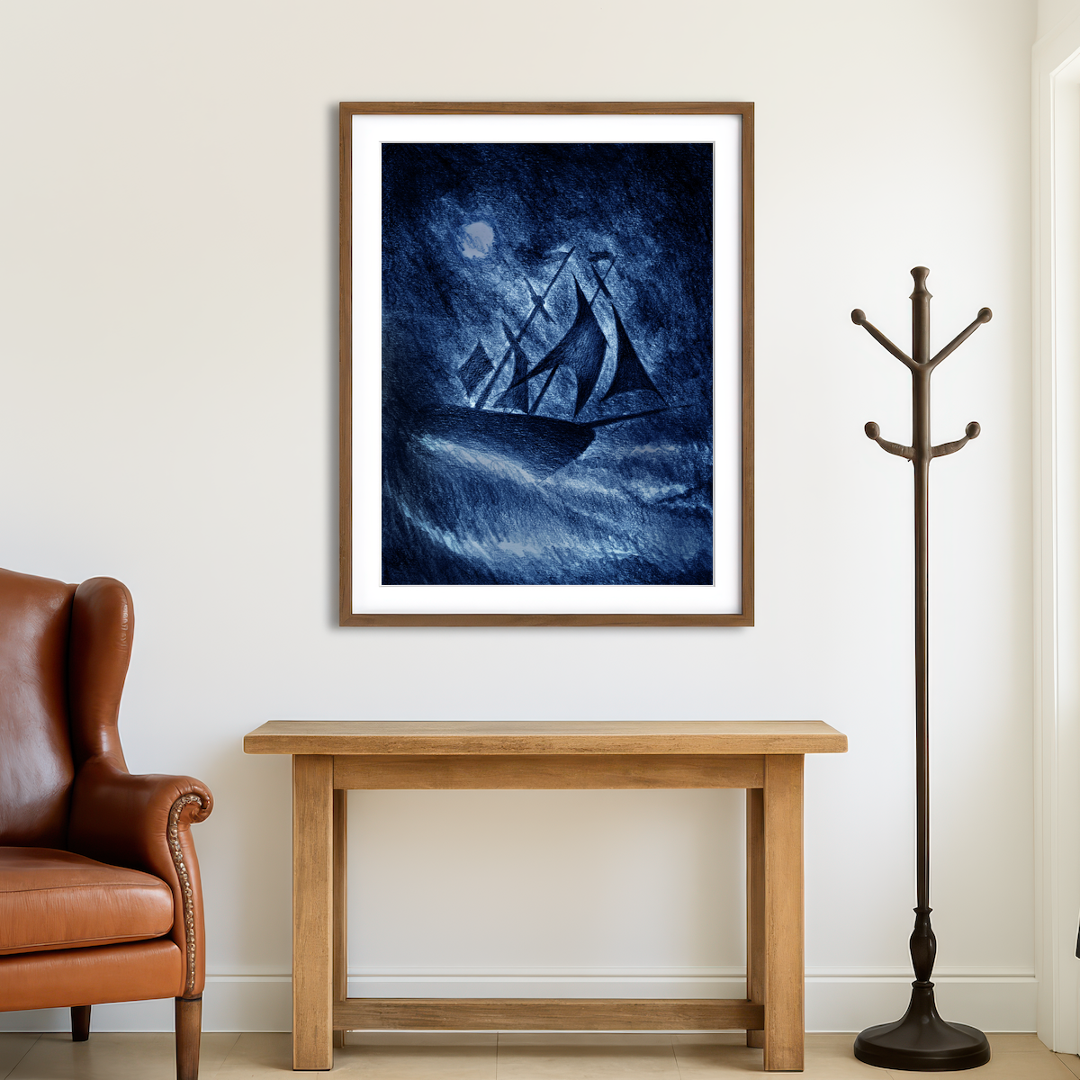 AUTO-MOCKUP ROOM | Ship on the Storm Waves Wall Art