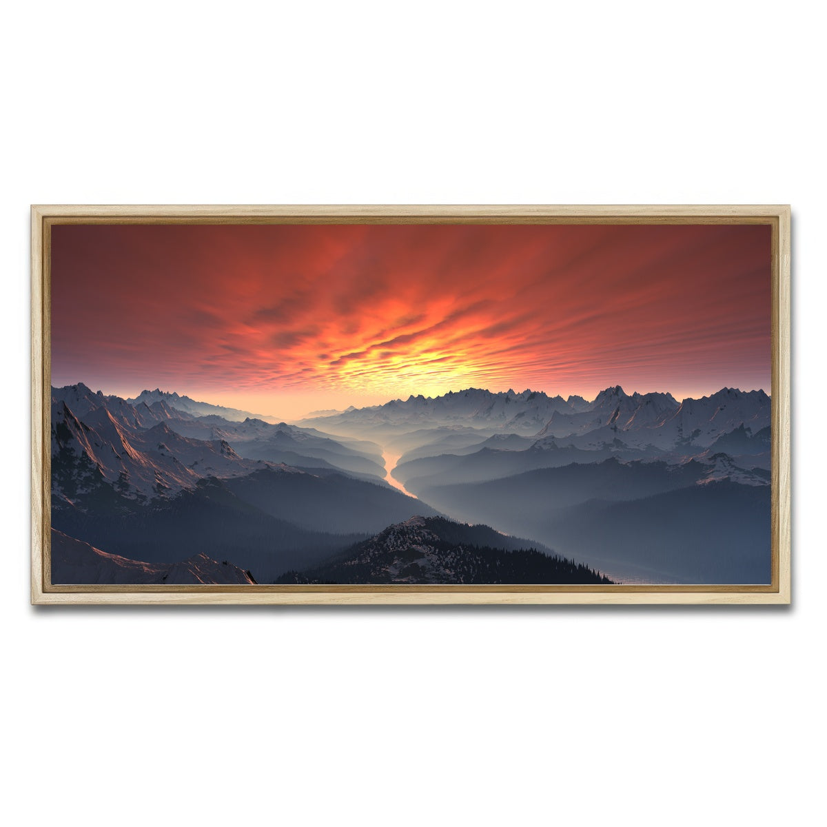 AUTO-MOCKUP WHITE | Snow Covered Mountain Valley Sunset | 1 Piece | Natural Framed Canvas | group=2x1