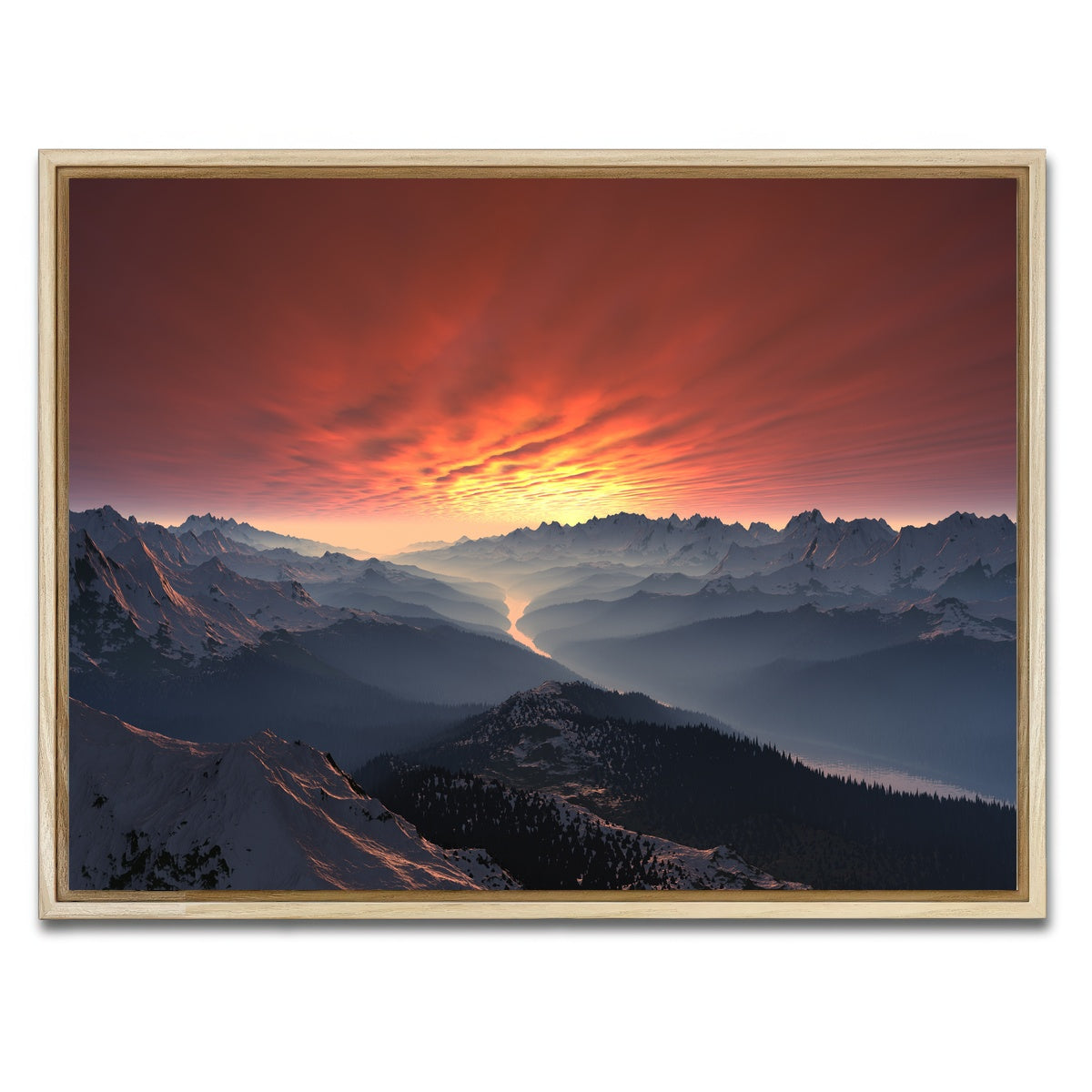 AUTO-MOCKUP WHITE | Snow Covered Mountain Valley Sunset | 1 Piece | Natural Framed Canvas | group=4x3