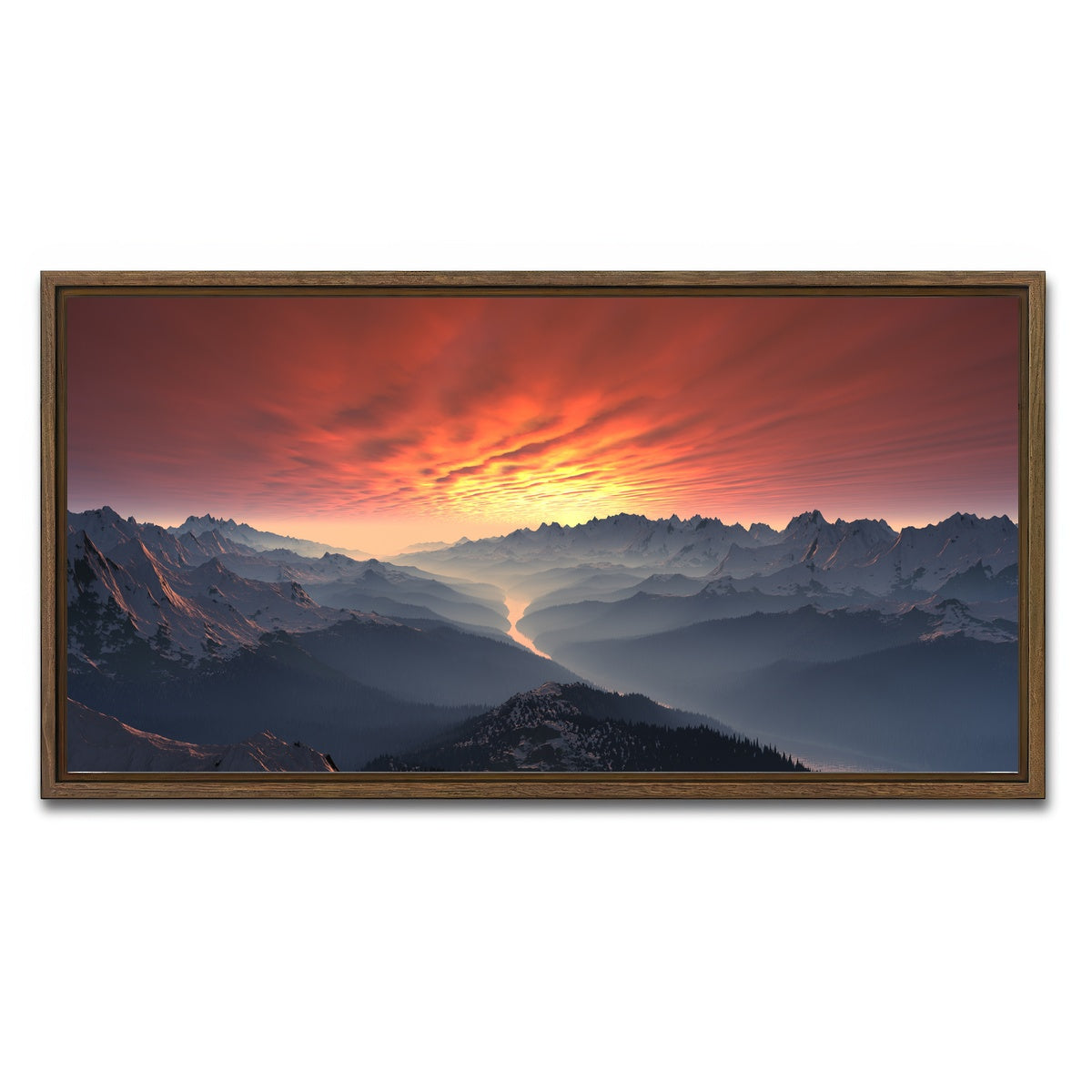 AUTO-MOCKUP WHITE | Snow Covered Mountain Valley Sunset | 1 Piece | Walnut Framed Canvas | group=2x1