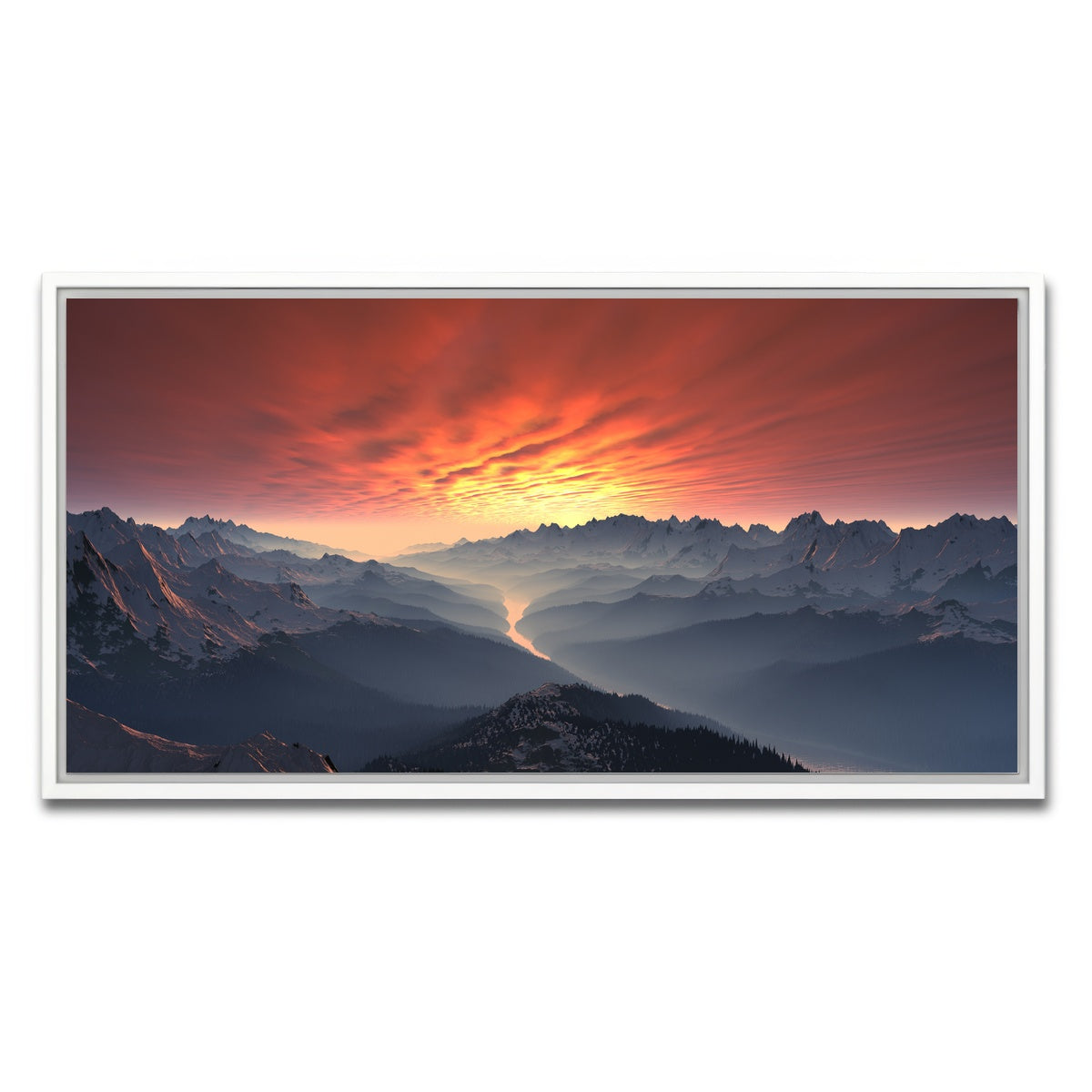 AUTO-MOCKUP WHITE | Snow Covered Mountain Valley Sunset | 1 Piece | White Framed Canvas | group=2x1