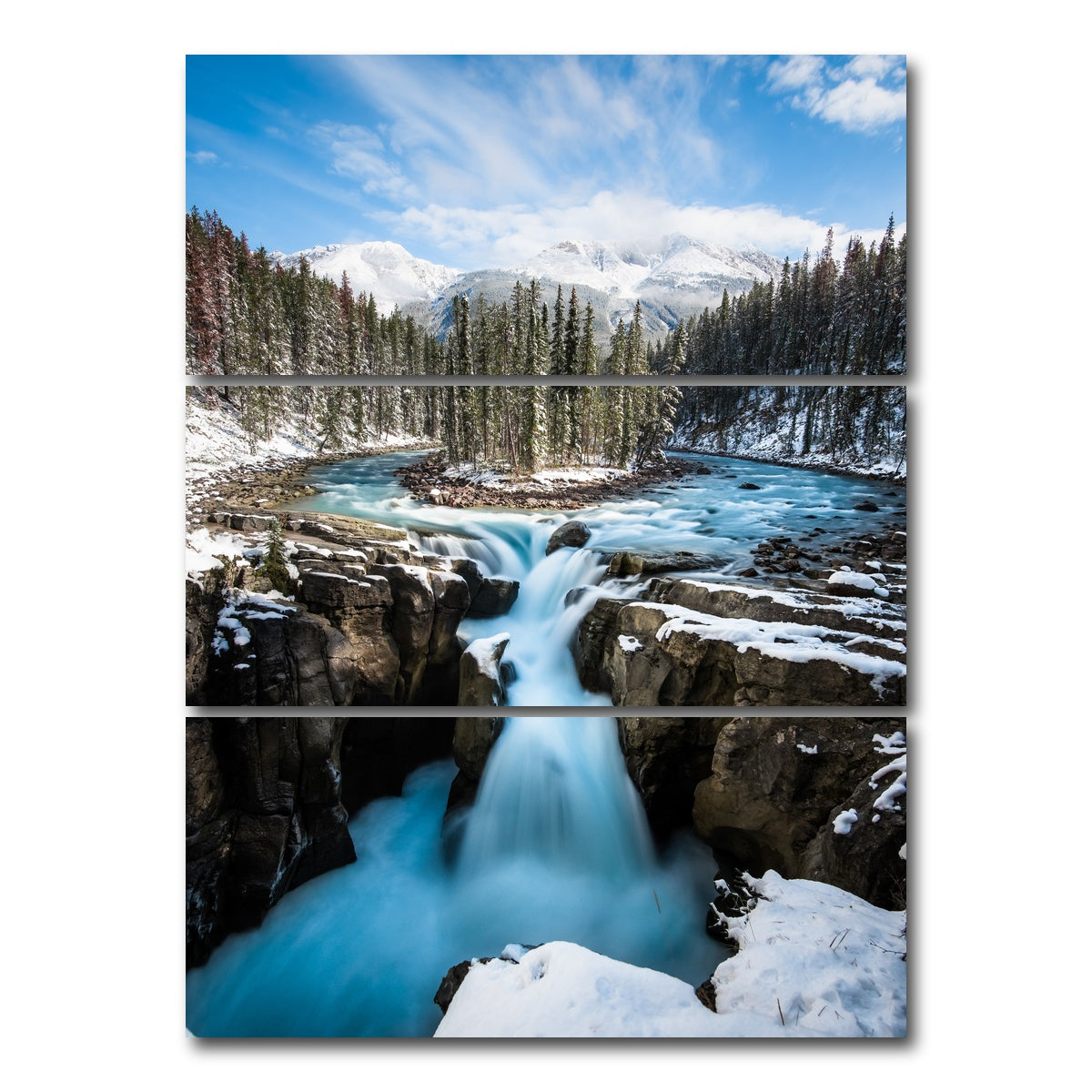 AUTO-MOCKUP WHITE | Snowy Sunwapta Falls | 3 Piece | Gallery Wrap Canvas | group=8x18_stacked