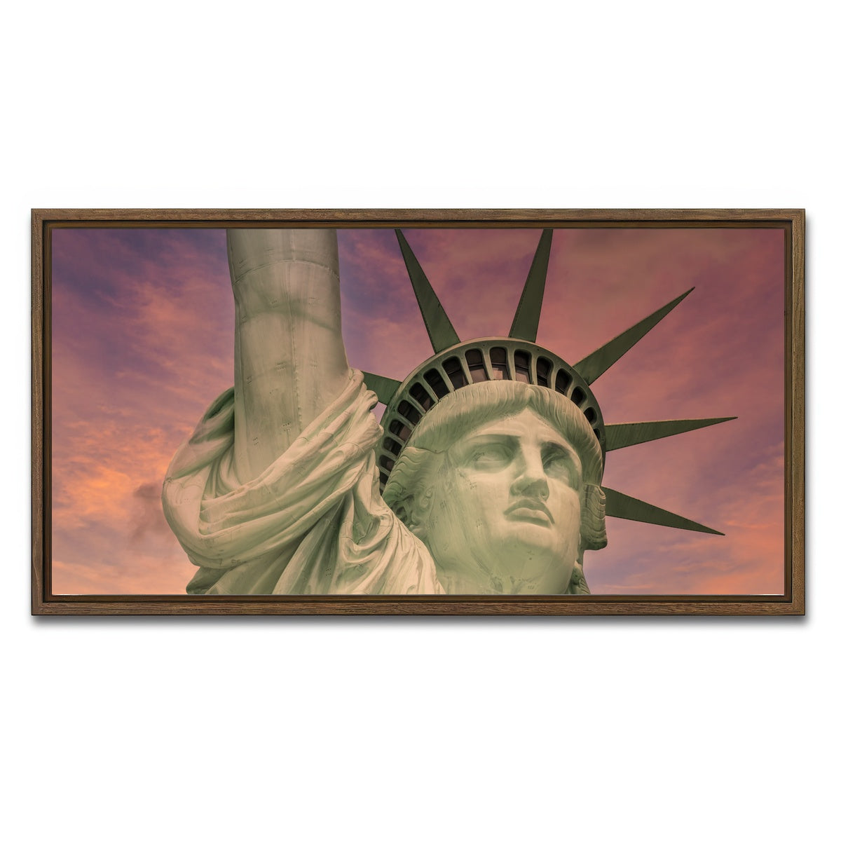 AUTO-MOCKUP WHITE | Statue of Liberty at sunset | 1 Piece | Walnut Framed Canvas | group=2x1