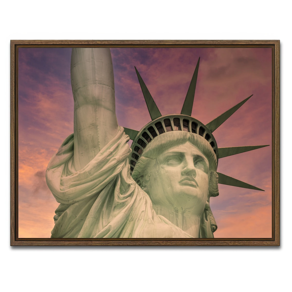 AUTO-MOCKUP WHITE | Statue of Liberty at sunset | 1 Piece | Walnut Framed Canvas | group=4x3
