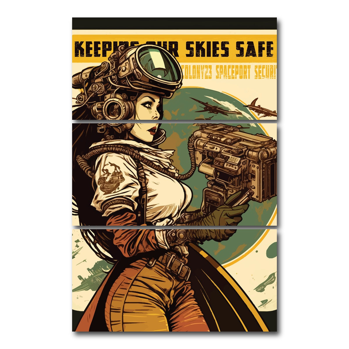 AUTO-MOCKUP WHITE | Steampunk - Keeping Our Skies Safe | 3 Piece | Gallery Wrap Canvas | group=12x24_stacked