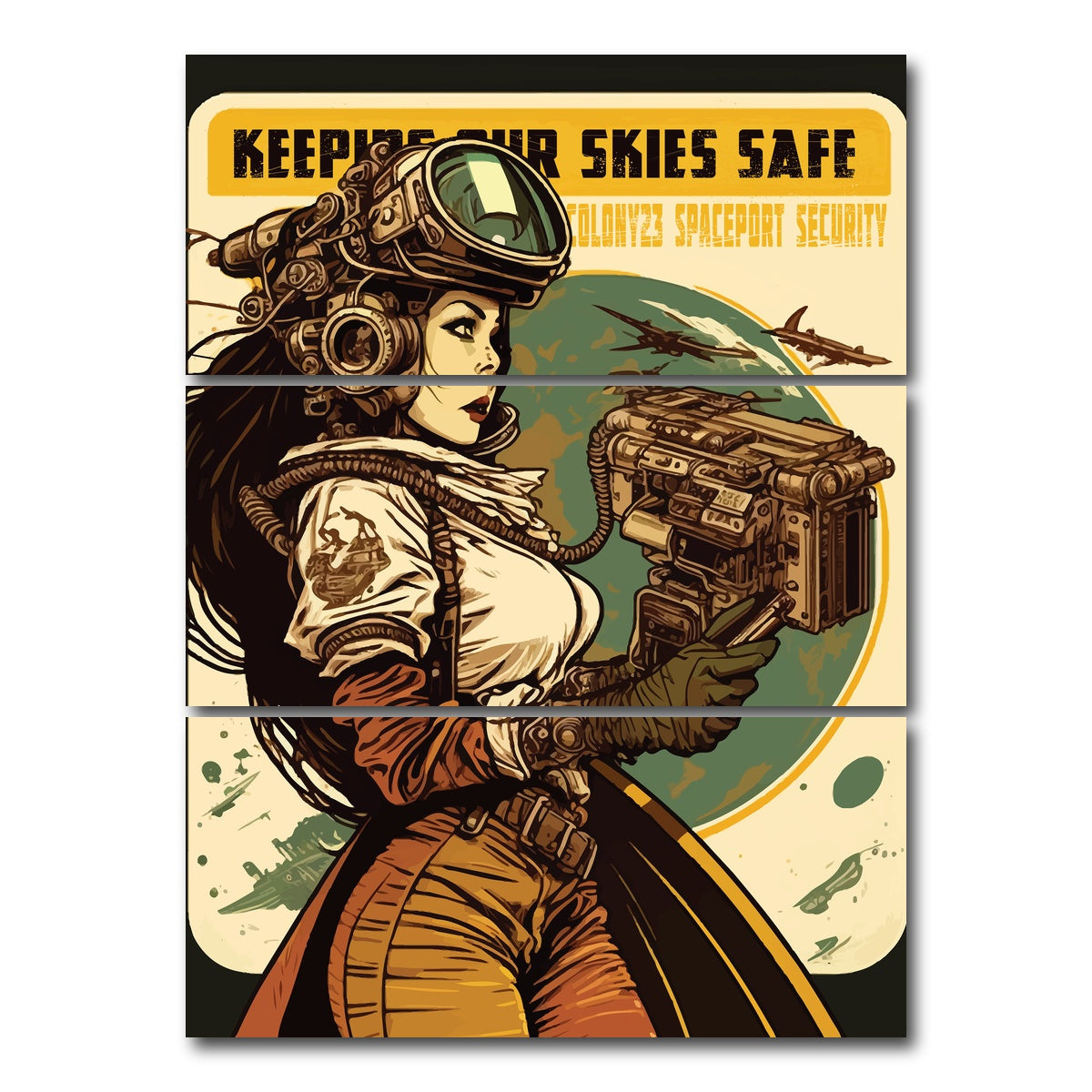 AUTO-MOCKUP WHITE | Steampunk - Keeping Our Skies Safe | 3 Piece | Gallery Wrap Canvas | group=8x18_stacked