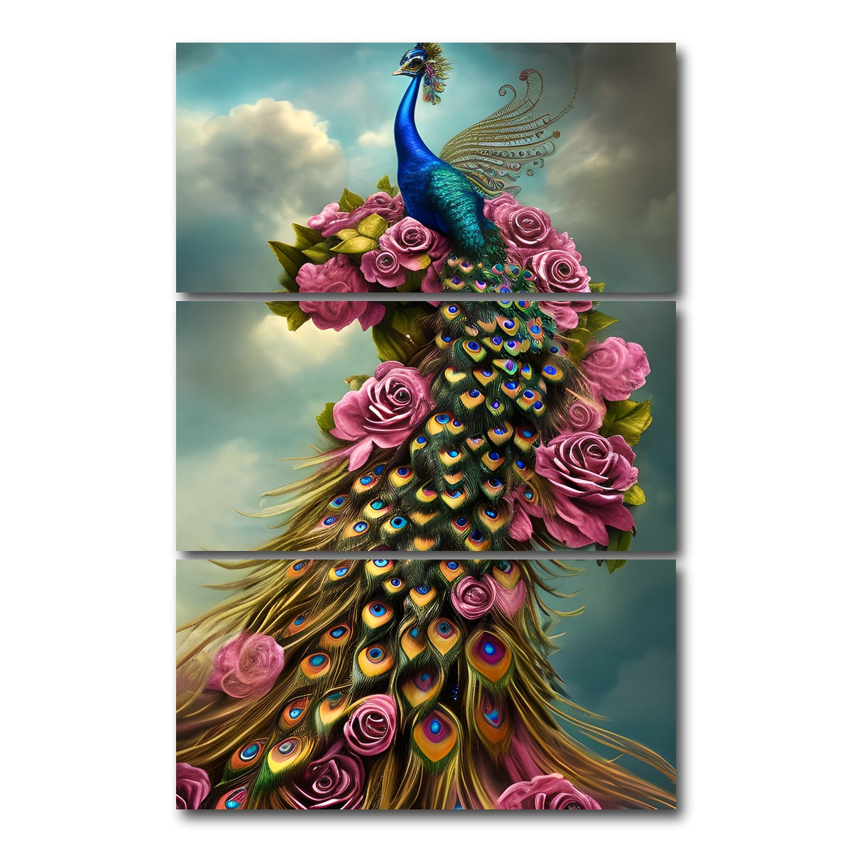AUTO-MOCKUP WHITE | Steampunk Fantasy Peacock | 3 Piece | Gallery Wrap Canvas | group=12x24_stacked