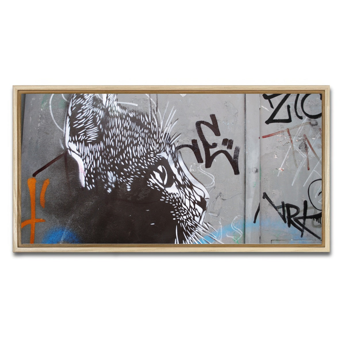 AUTO-MOCKUP WHITE | Street art cat | 1 Piece | Natural Framed Canvas | group=2x1