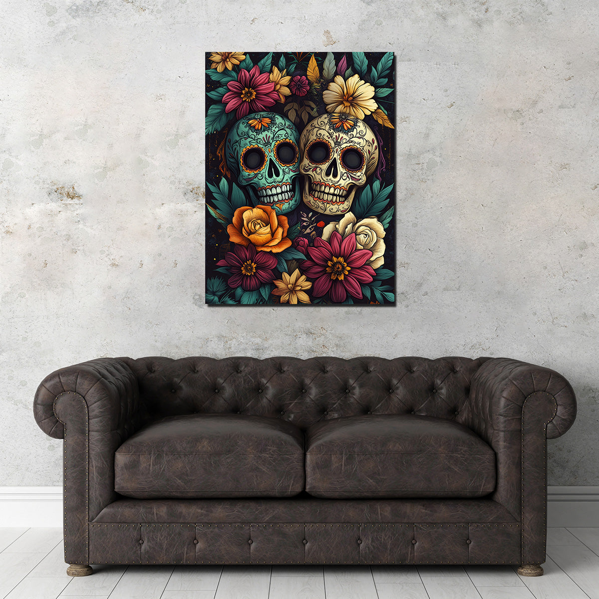 Sugar Skulls with Vibrant Flowers Wall Art