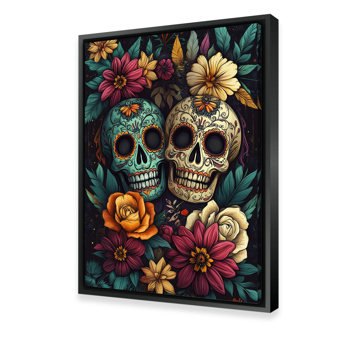 Sugar Skulls with Vibrant Flowers Wall Art