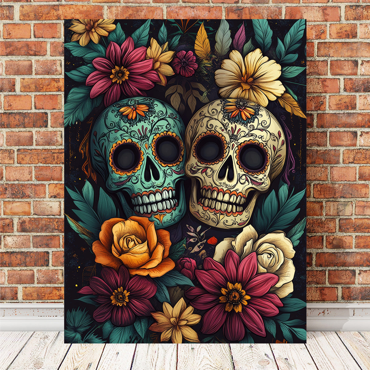 Sugar Skulls with Vibrant Flowers Wall Art