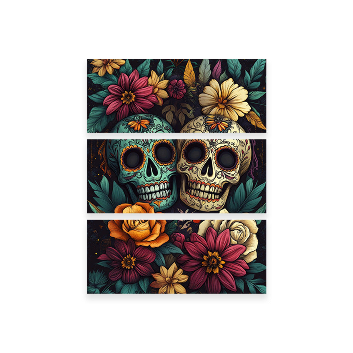 Sugar Skulls with Vibrant Flowers Wall Art