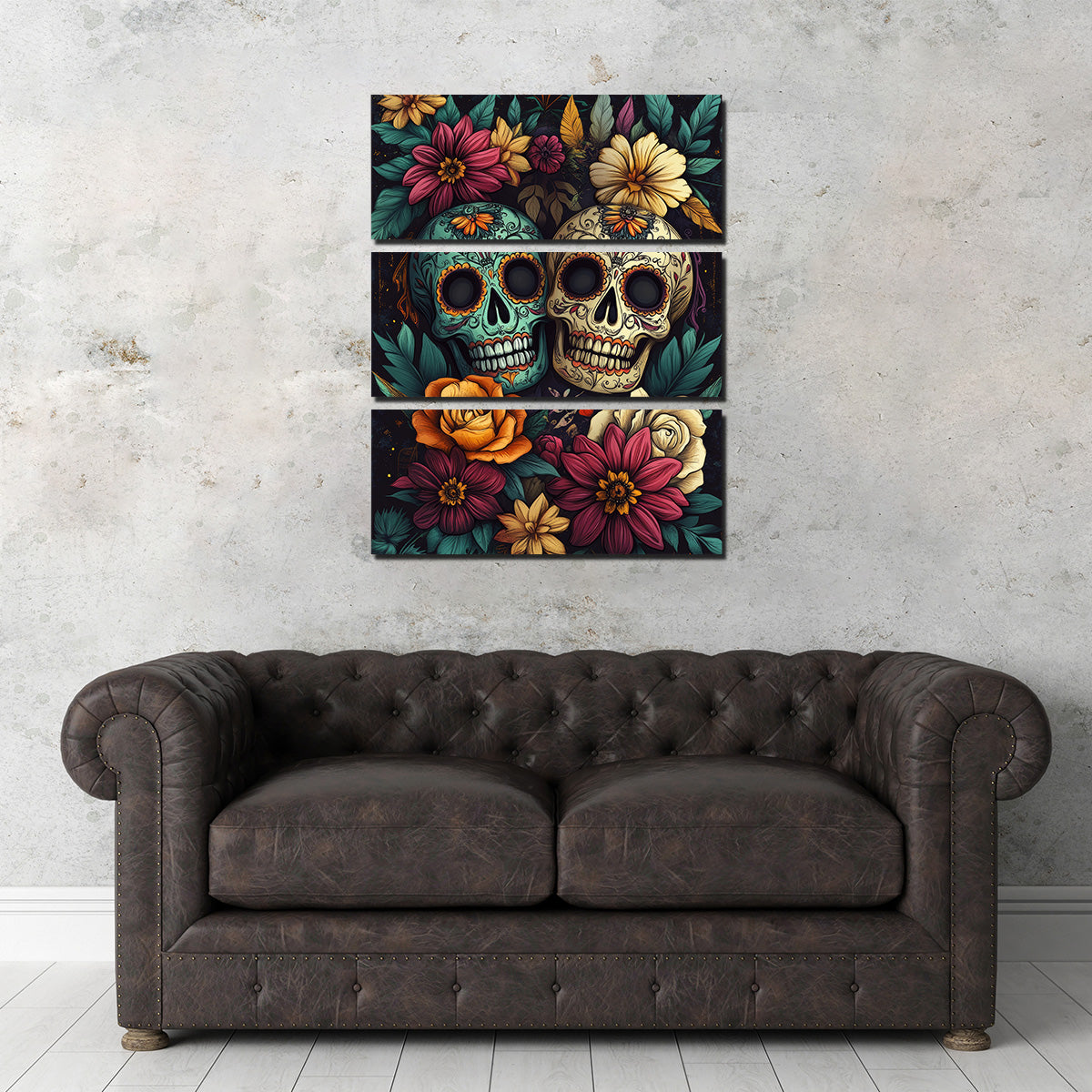 Sugar Skulls with Vibrant Flowers Wall Art