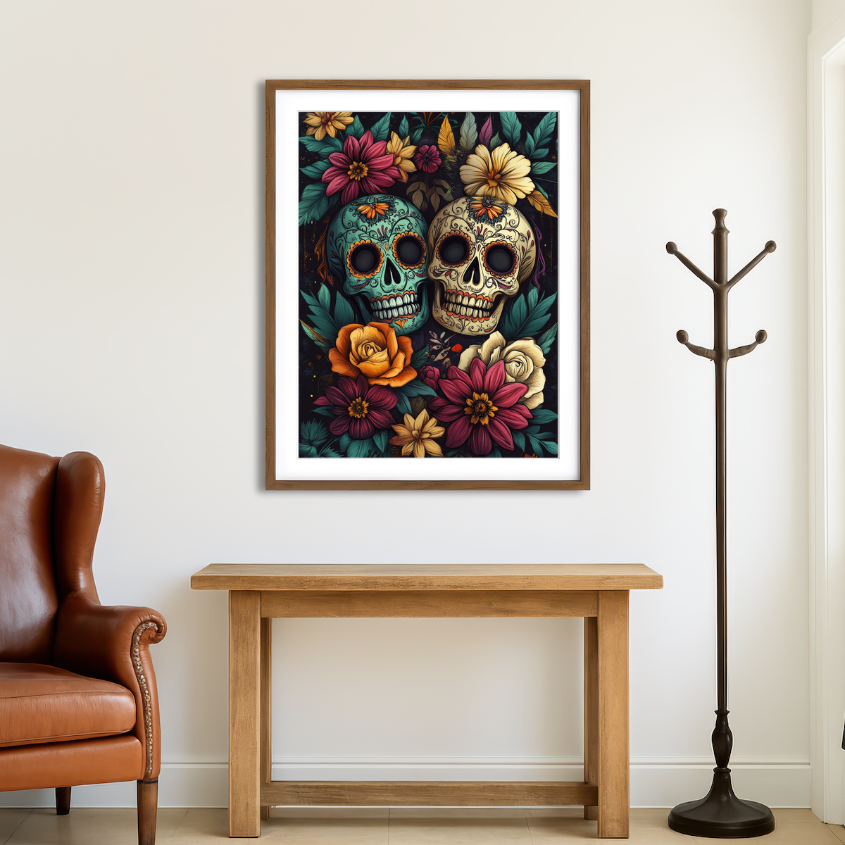 AUTO-MOCKUP ROOM | Sugar Skulls with Vibrant Flowers Wall Art