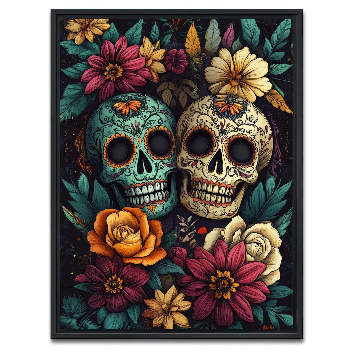 AUTO-MOCKUP WHITE | Sugar Skulls with Vibrant Flowers | 1 Piece | Black Framed Canvas | group=3x4