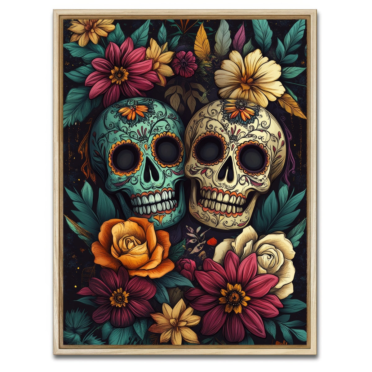 AUTO-MOCKUP WHITE | Sugar Skulls with Vibrant Flowers | 1 Piece | Natural Framed Canvas | group=3x4