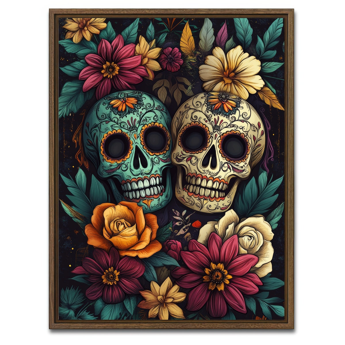 AUTO-MOCKUP WHITE | Sugar Skulls with Vibrant Flowers | 1 Piece | Walnut Framed Canvas | group=3x4