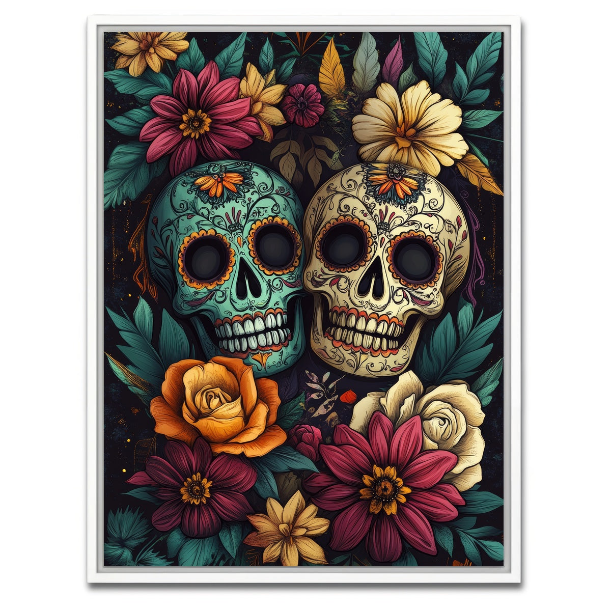 AUTO-MOCKUP WHITE | Sugar Skulls with Vibrant Flowers | 1 Piece | White Framed Canvas | group=3x4
