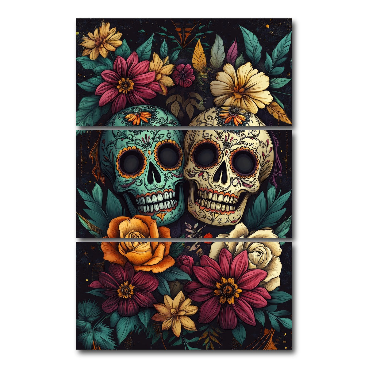 AUTO-MOCKUP WHITE | Sugar Skulls with Vibrant Flowers | 3 Piece | Gallery Wrap Canvas | group=12x24_stacked