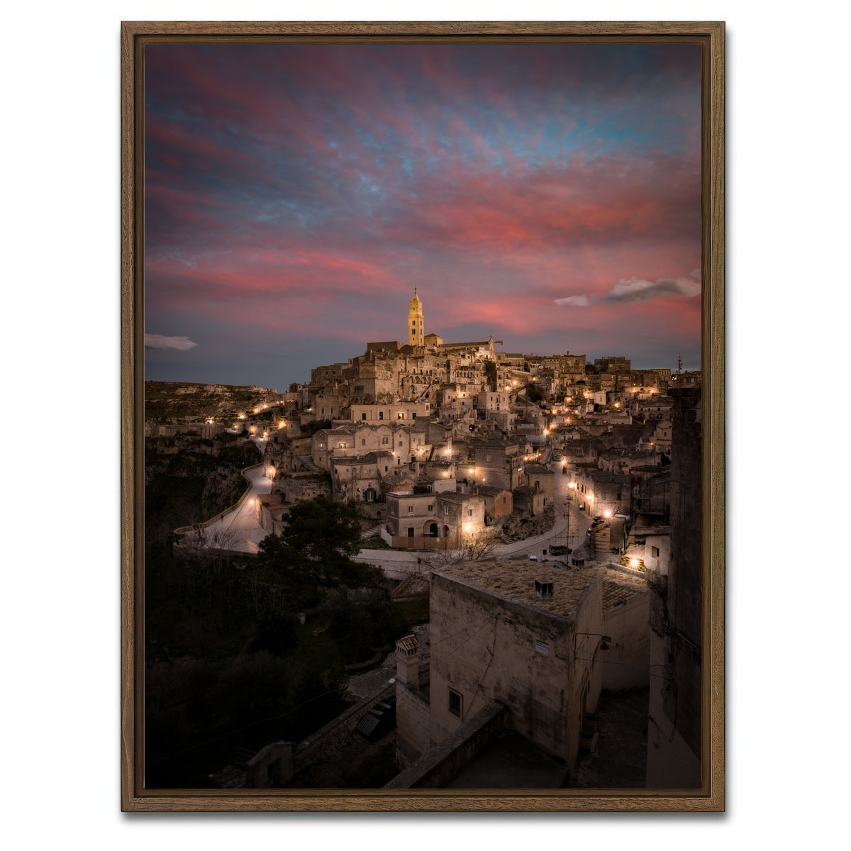 AUTO-MOCKUP WHITE | Sunset in Matera | 1 Piece | Walnut Framed Canvas | group=3x4