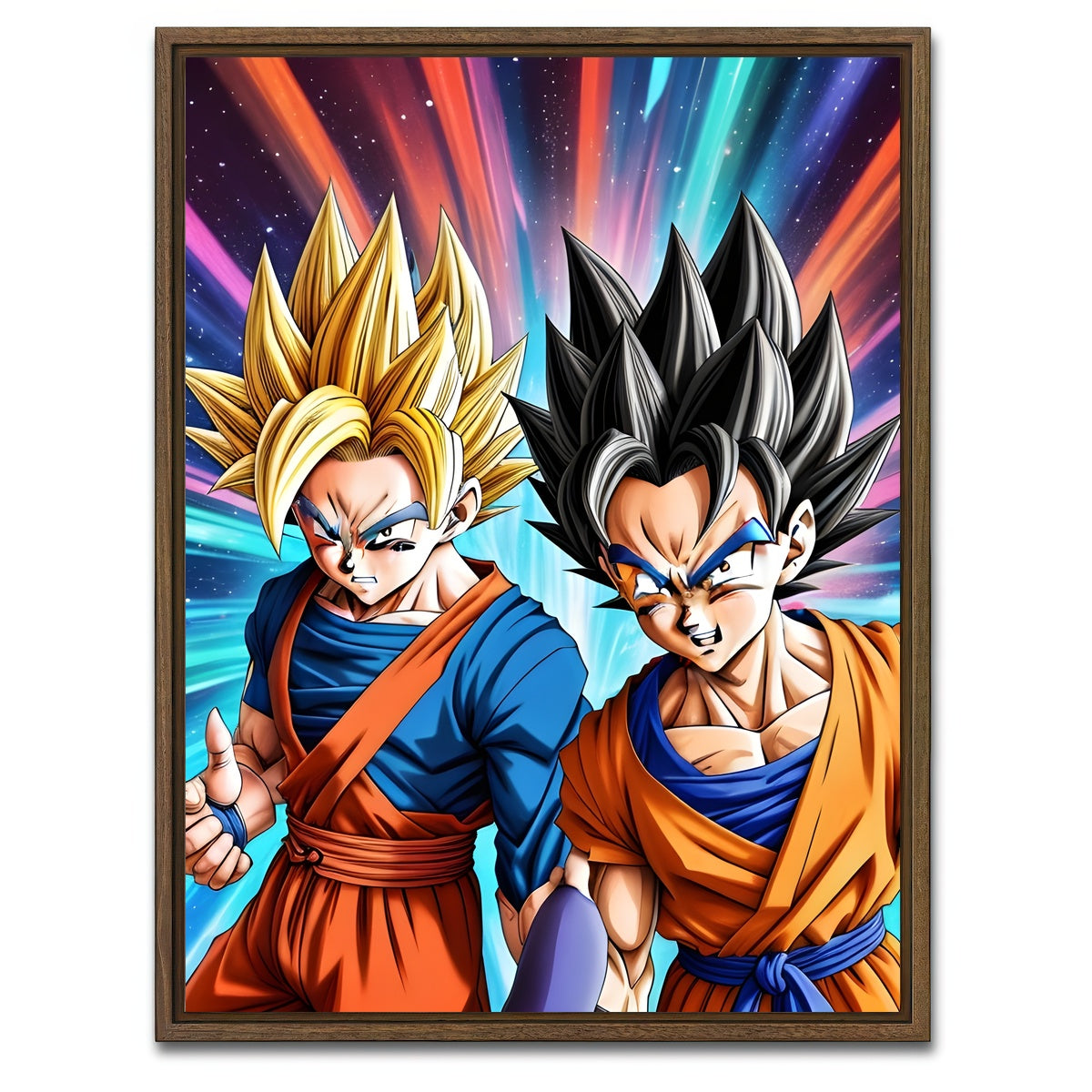 AUTO-MOCKUP WHITE | Super Saiyan Goku vs Base Form Goku | 1 Piece | Walnut Framed Canvas | group=3x4
