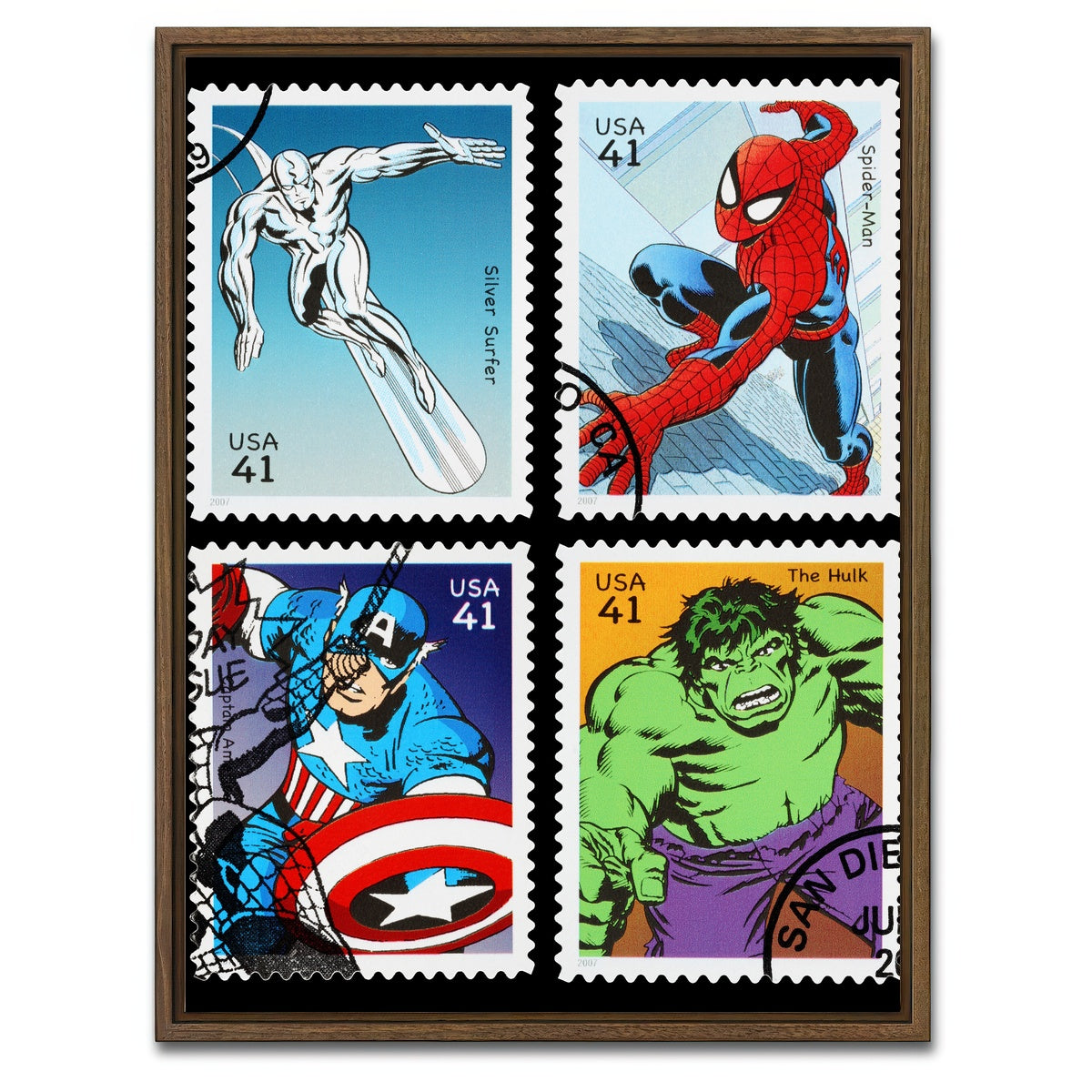 AUTO-MOCKUP WHITE | Superhero Postage Stamps | 1 Piece | Walnut Framed Canvas | group=3x4