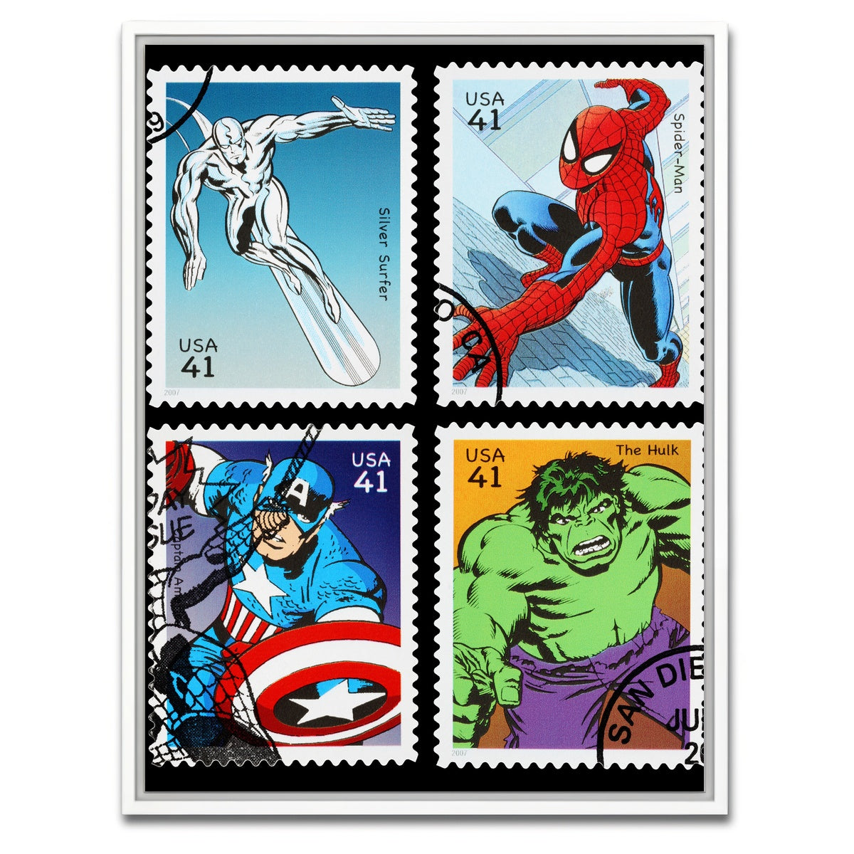 AUTO-MOCKUP WHITE | Superhero Postage Stamps | 1 Piece | White Framed Canvas | group=3x4